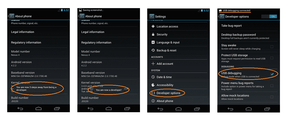 android 4.2.x ve yukarısı sürümler için usb hata ayıklama