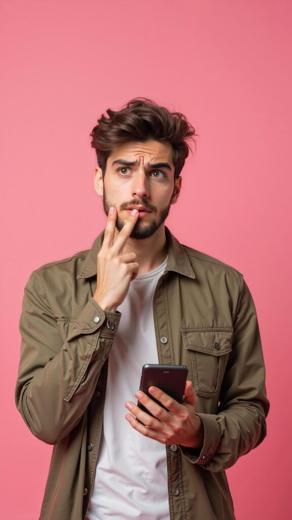 ai generated, man, curious, confused, boy, fear, handsome, smart, smartphone, phone, technology, realistic