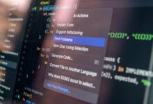 Close-up of AI-assisted coding with menu options for debugging and problem-solving.