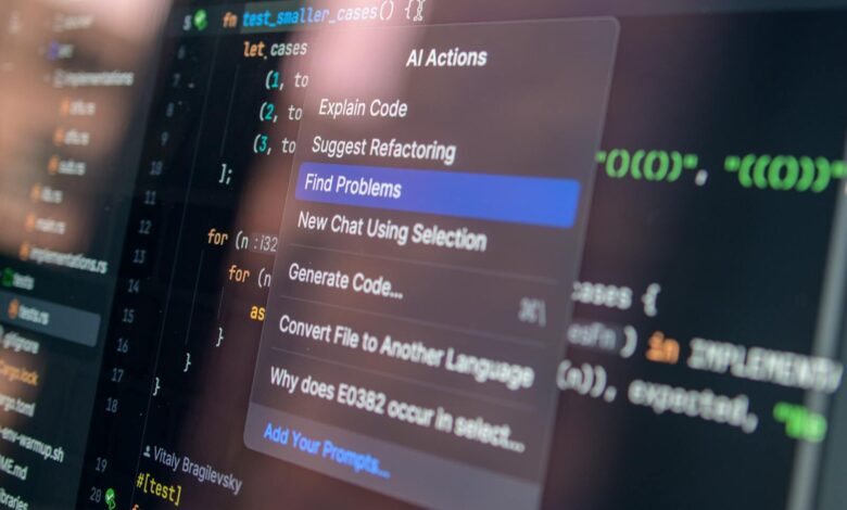 Close-up of AI-assisted coding with menu options for debugging and problem-solving.
