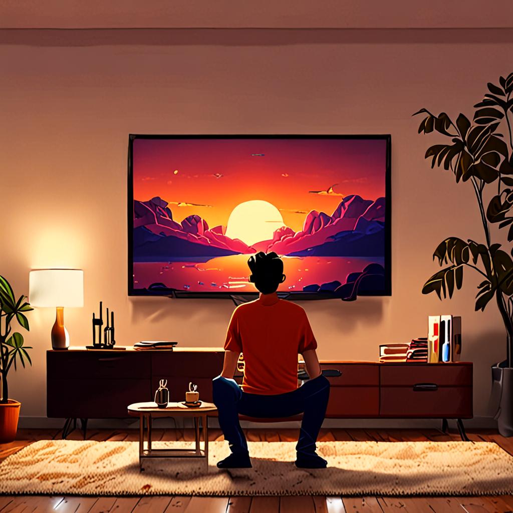 AI ile Yapılmış Animasyon Dizi İzledim — Düşüncelerim 3 Person watching colorful animated content on large TV screen, living room movie night scene