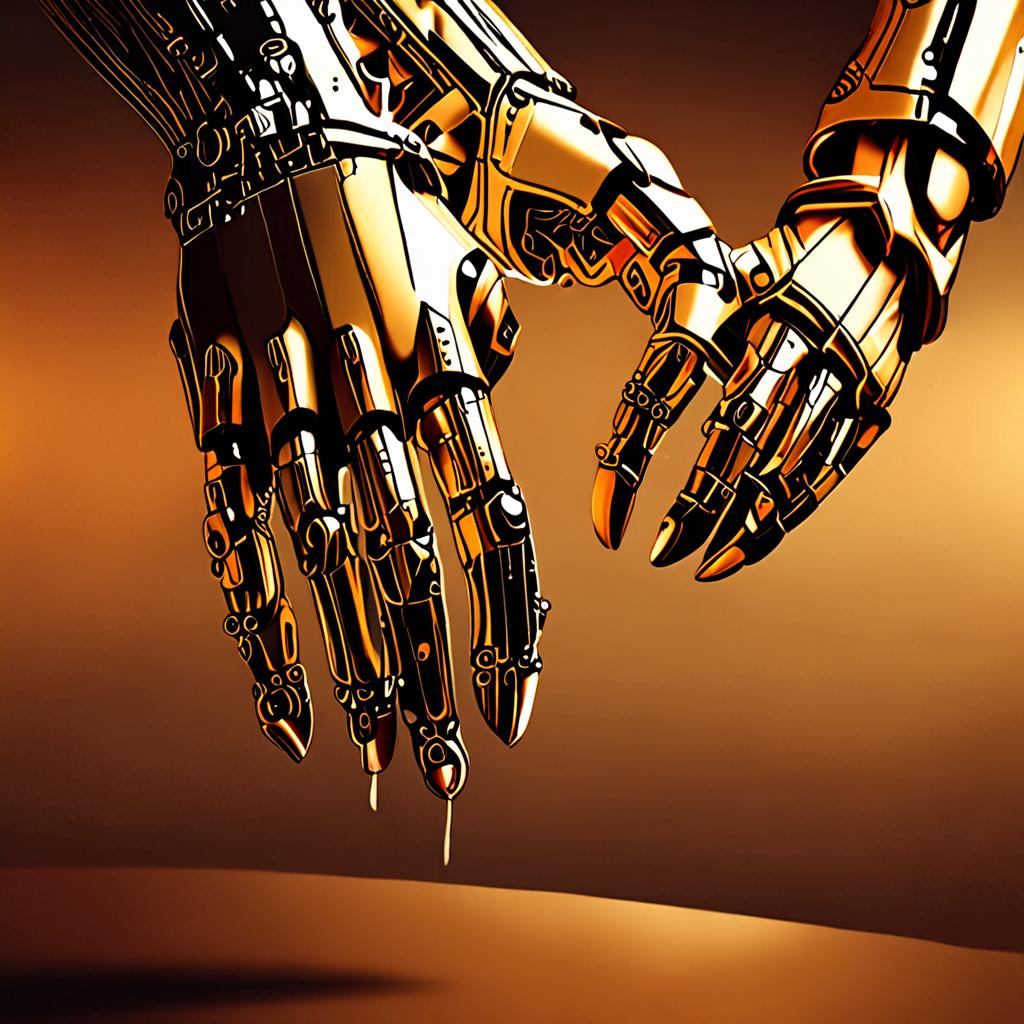 İnsan ve robot el birlikte çalışma konsepti, yapay zekâ ve insan işbirliği, sıcak tonlar