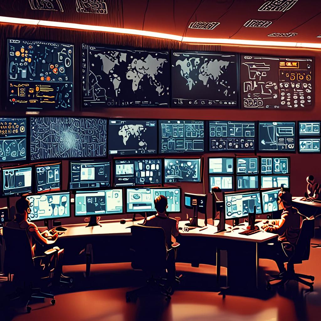 Security operations center with AI monitoring screens, cybersecurity team analyzing threats, SOC room with network activity
