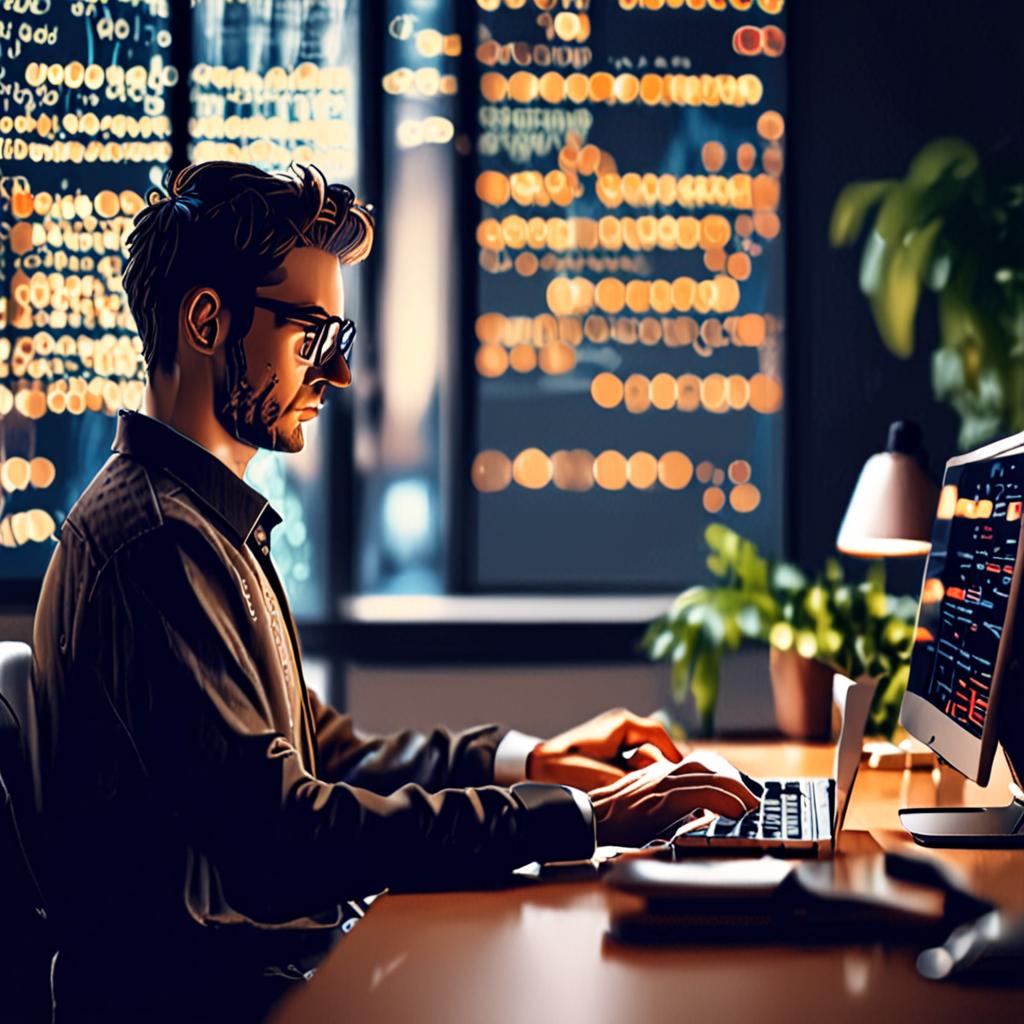 Developer debugging code on multiple screens, code review and error fixing, software development workspace