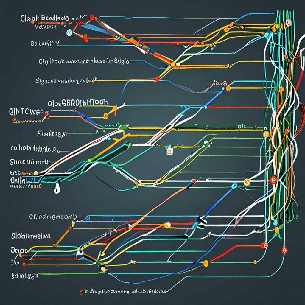 Git branch ve merge diyagramı, dallanma ve birleştirme akışı renkli çizgilerle