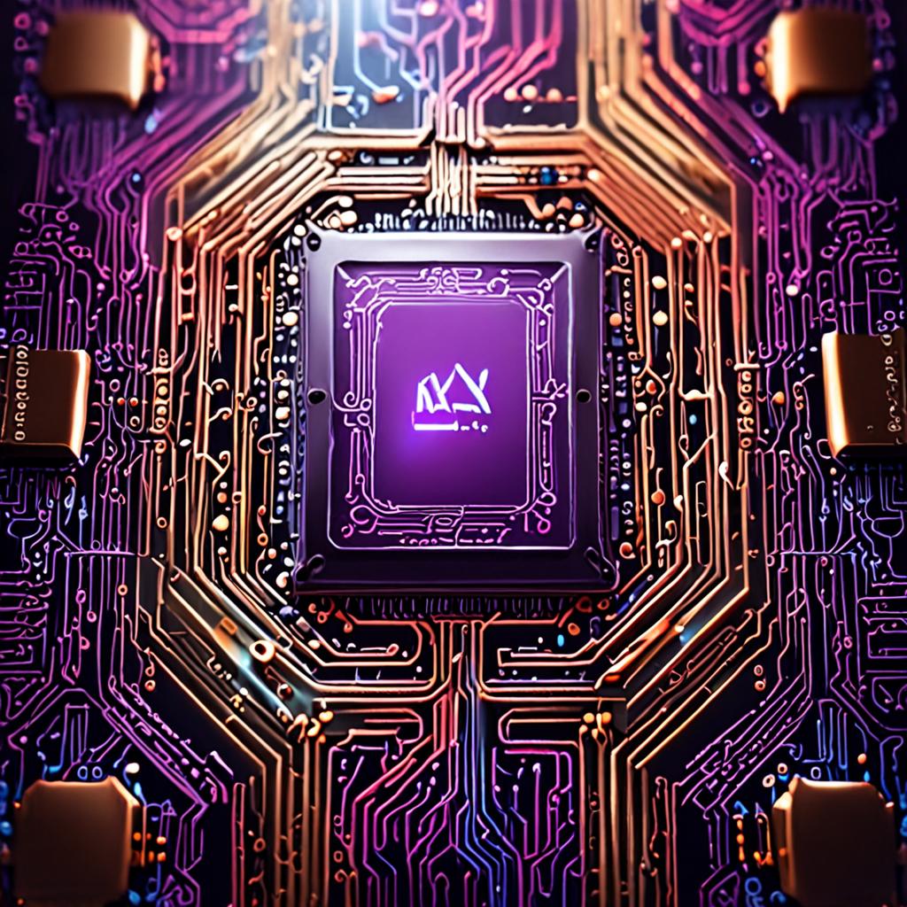 Kuantum bilgisayar chip yakın çekim, mavi ve mor neon ışıklarla aydınlatılmış süperiletken devre