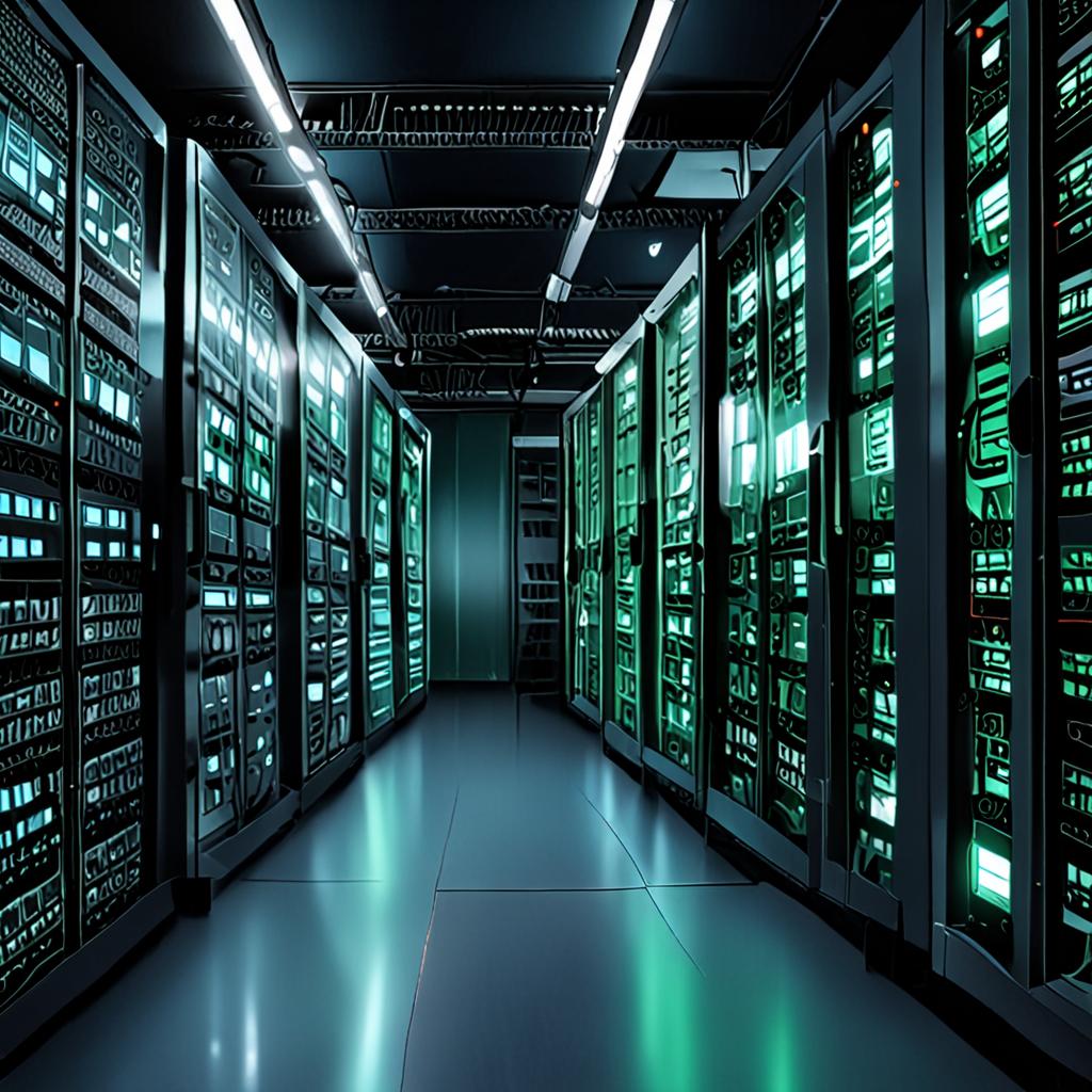 Server room data center with memory banks, high performance computing infrastructure with blue lighting