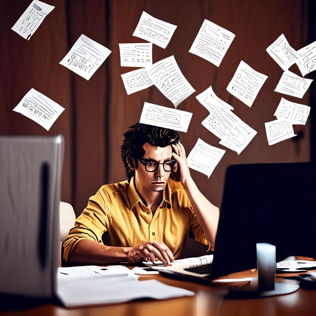 Person frustrated at computer with high bills, business owner looking at expensive invoices, tired entrepreneur scene
