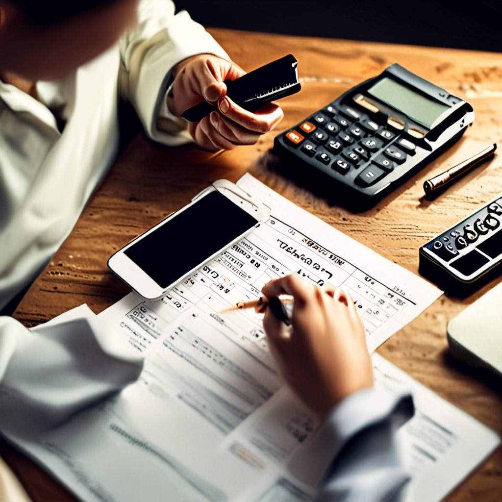 Person looking at expensive phone prices, budget concern with calculator and wallet, financial planning for purchase