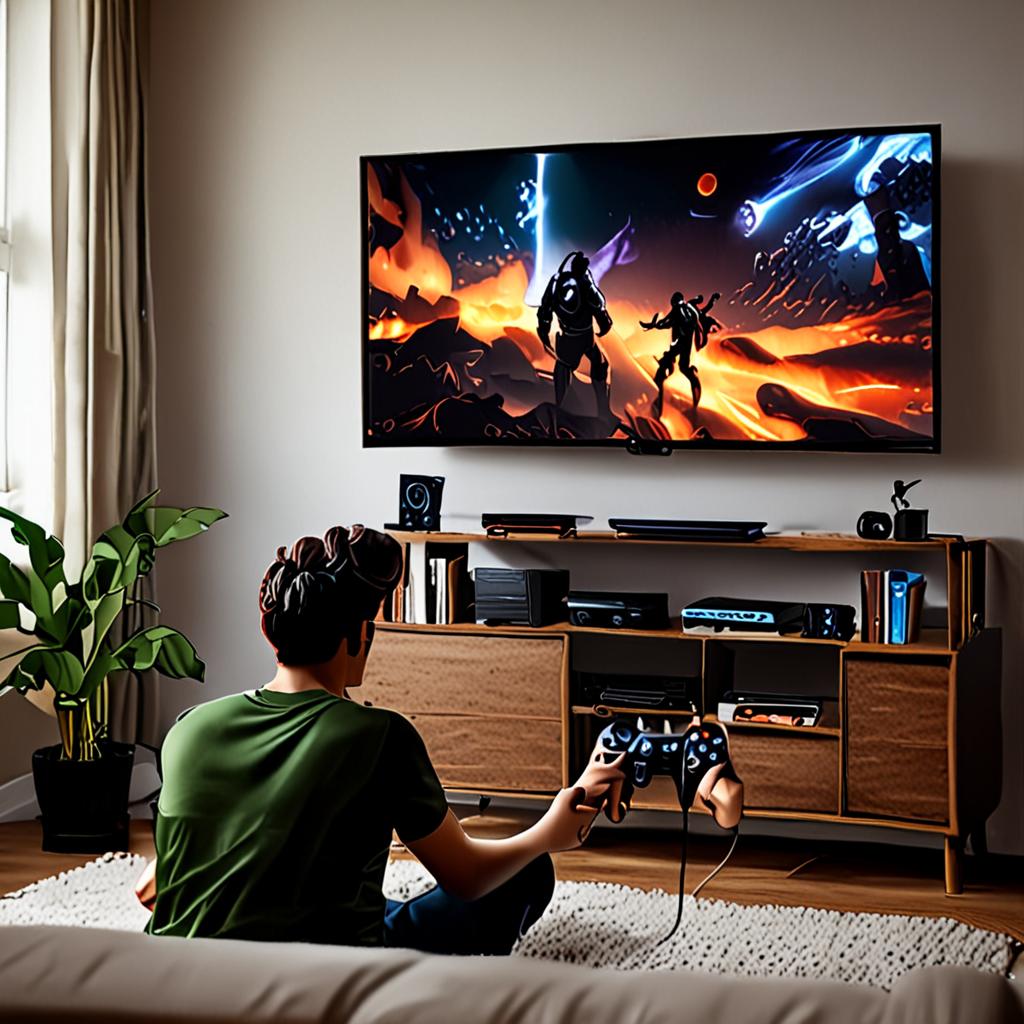 Person playing PC games on living room TV with controller, Steam gaming interface on large screen, couch gaming setup