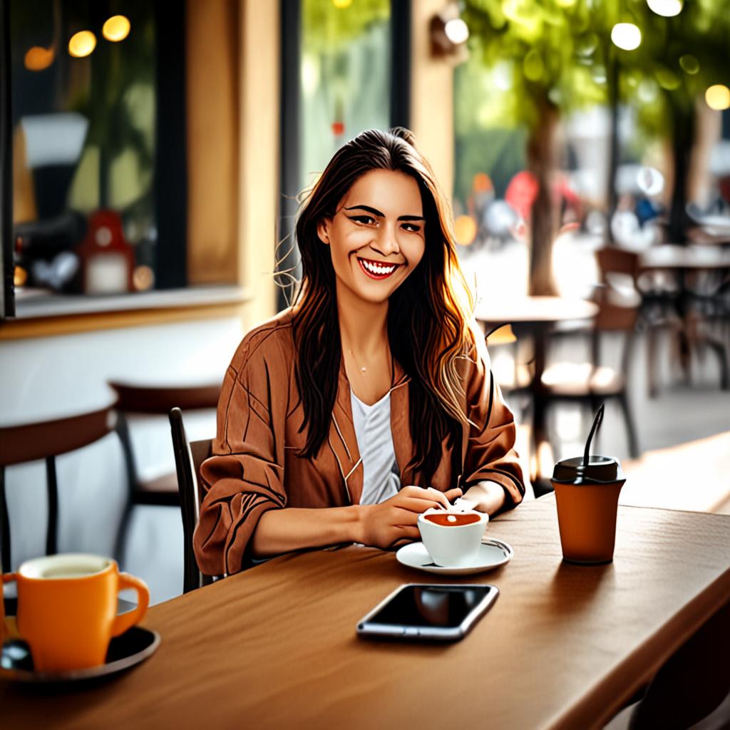 Kişi kahvesini içerken gülümseyerek yeni pil takılmış eski model telefonunu kullanıyor, sıcak sabah ışığında kafe ortamı